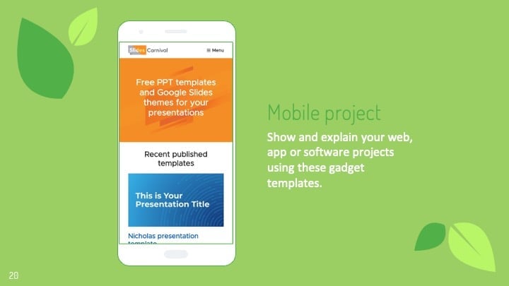 이 템플릿은 환경 잎사귀를 테마로 한 디자인과 녹색 컬러 팔레트를 갖추고 있습니다. - 슬라이드 20