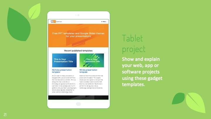 이 템플릿은 환경 잎사귀를 테마로 한 디자인과 녹색 컬러 팔레트를 갖추고 있습니다. - 슬라이드 21
