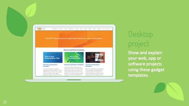 이 템플릿은 환경 잎사귀를 테마로 한 디자인과 녹색 컬러 팔레트를 갖추고 있습니다. - 슬라이드 22