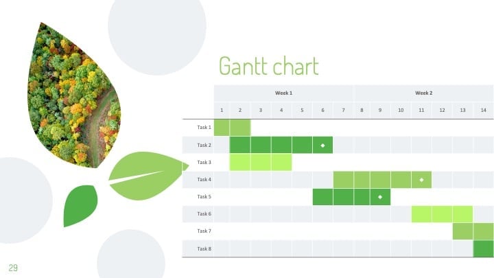 이 템플릿은 환경 잎사귀를 테마로 한 디자인과 녹색 컬러 팔레트를 갖추고 있습니다. - 슬라이드 29