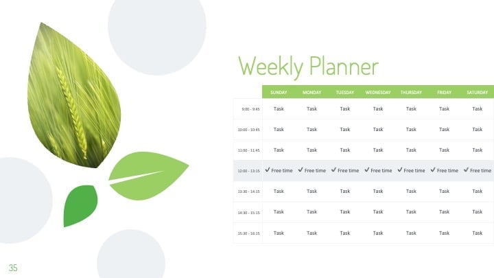 이 템플릿은 환경 잎사귀를 테마로 한 디자인과 녹색 컬러 팔레트를 갖추고 있습니다. - 슬라이드 35