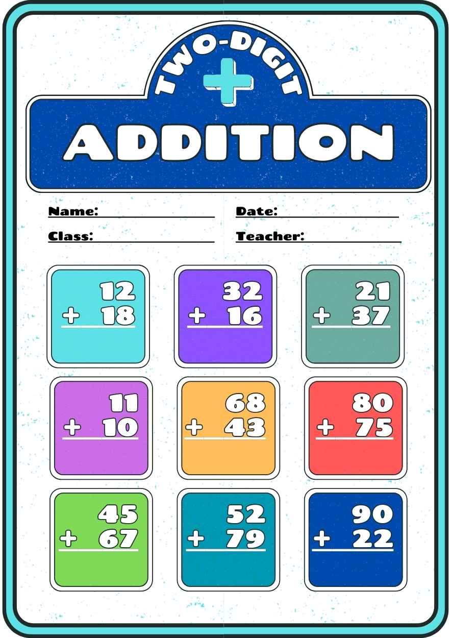 Colorful Double Digit Addition Math Worksheet - slide 2