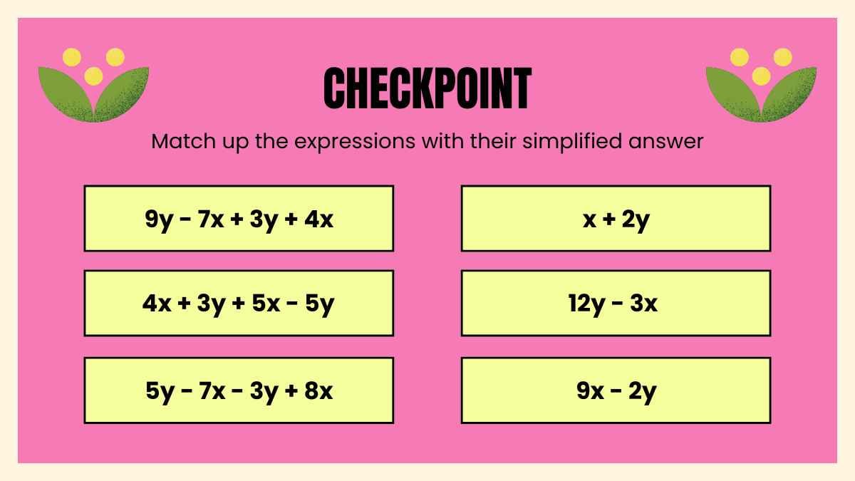 Cute Colorful Combining Like Terms Lesson for Elementary - slide 7