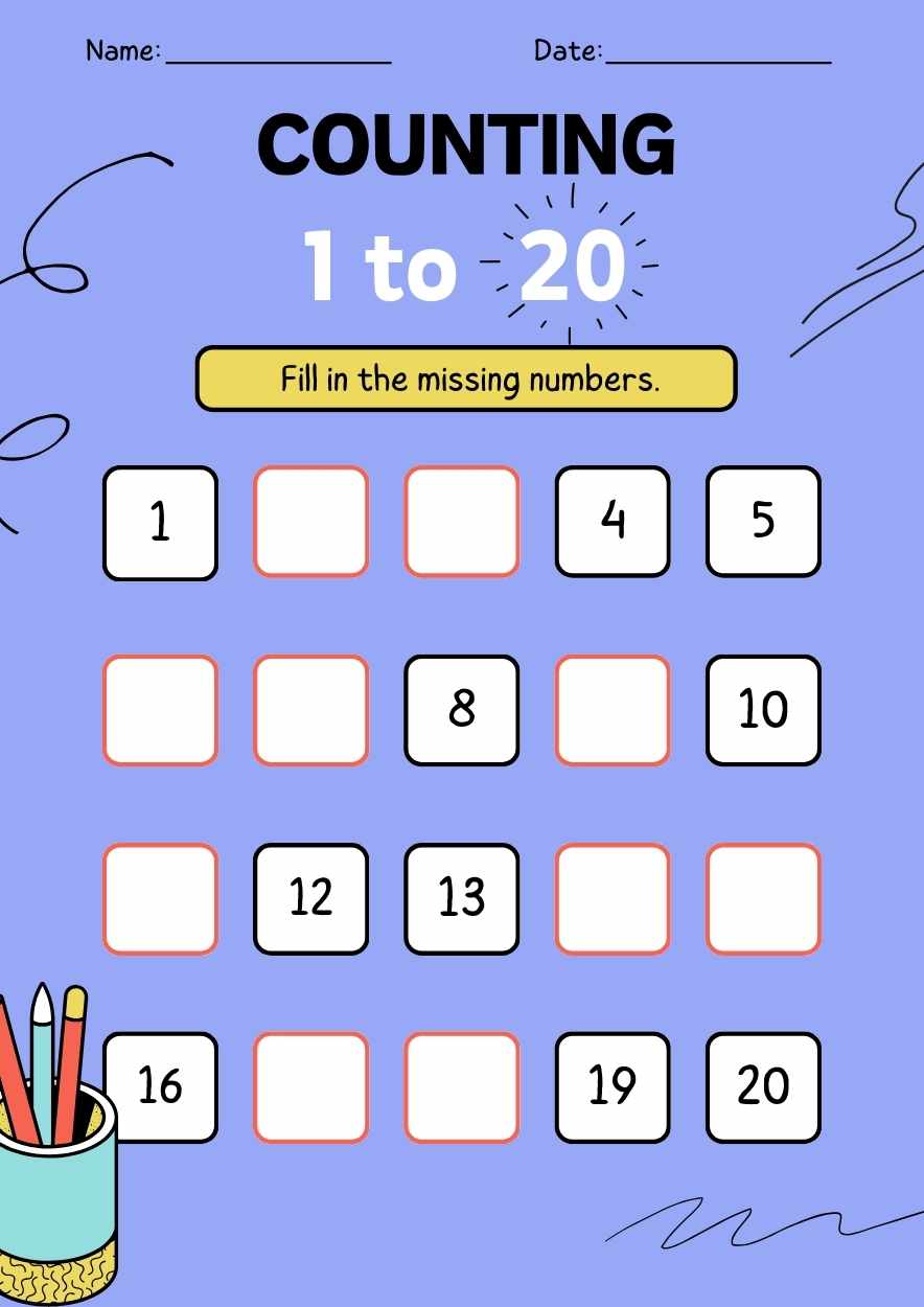 Cute Counting 1-20 Math Worksheet - slide 1