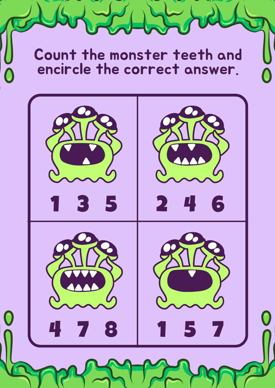 Cute Counting Monster Teeth Worksheet - slide 2