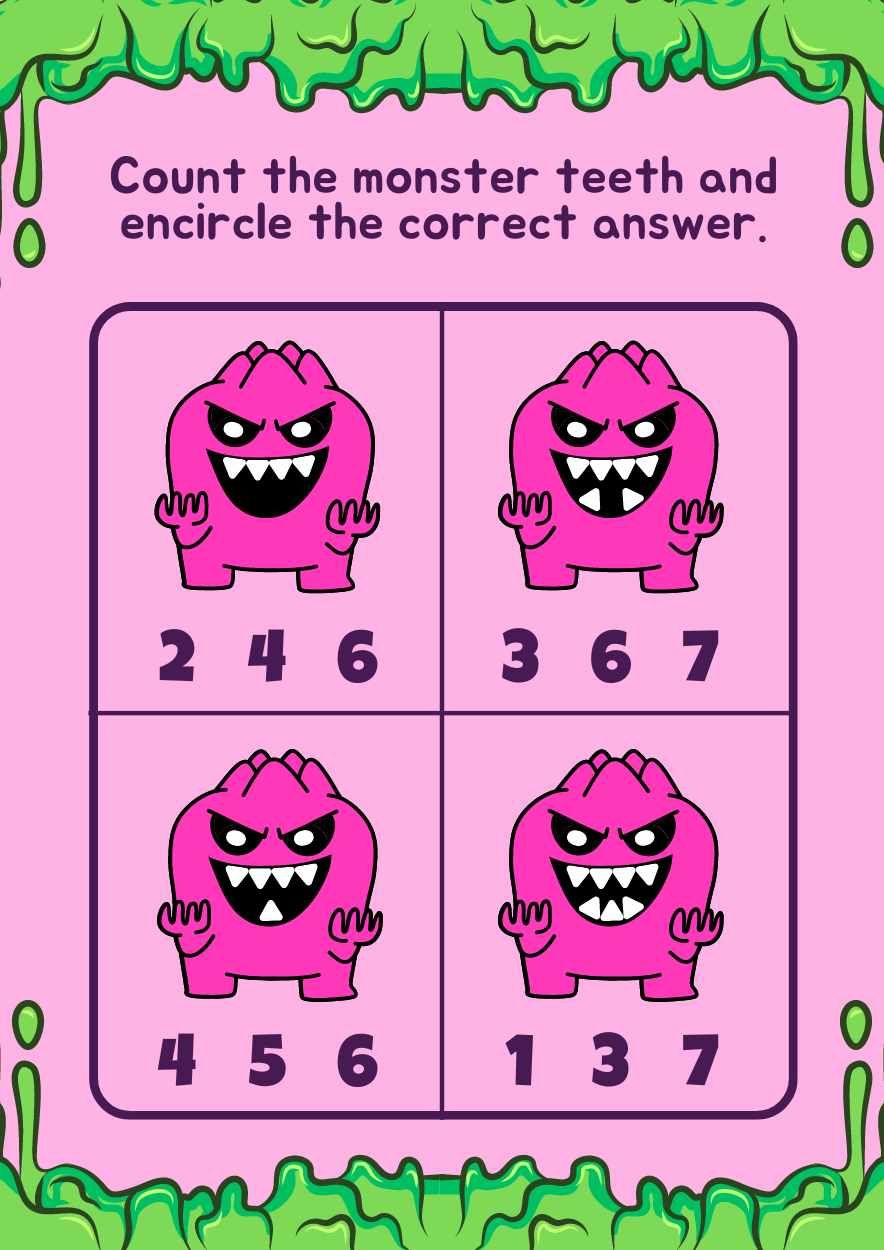 Cute Counting Monster Teeth Worksheet - slide 4