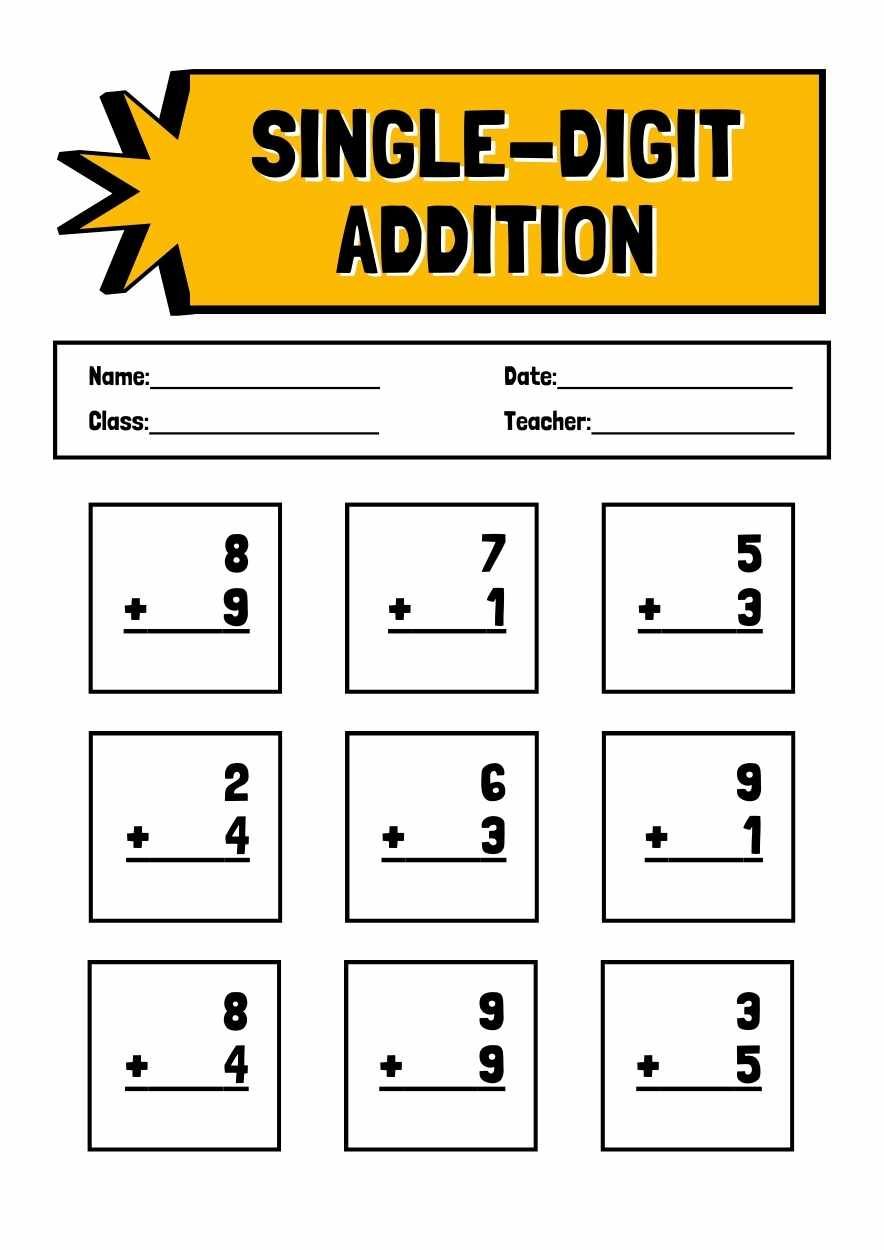 Cute Single Digit Addition Math Worksheet - diapositiva 1