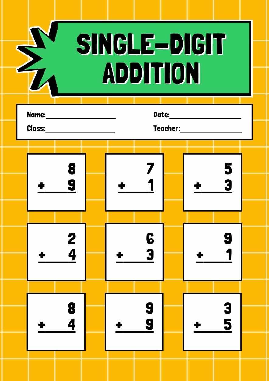 Cute Single Digit Addition Math Worksheet - slide 1