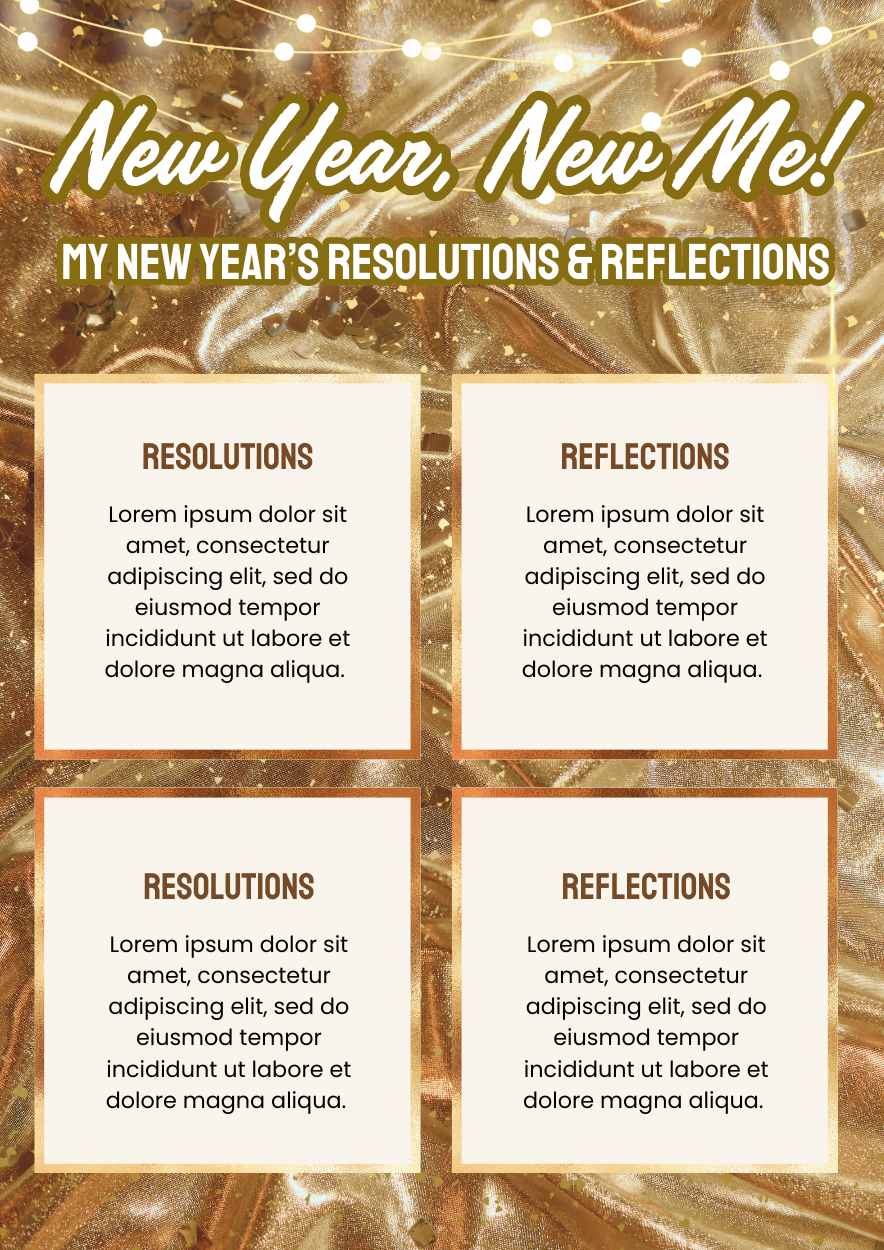 Elegant Gold My New Years Resolutions and Reflections Worksheet - slide 1