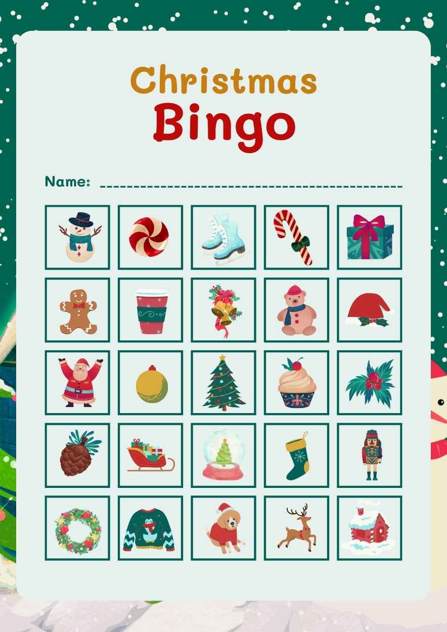 Illustrated Christmas Bingo Holiday Game Worksheet - slide 1