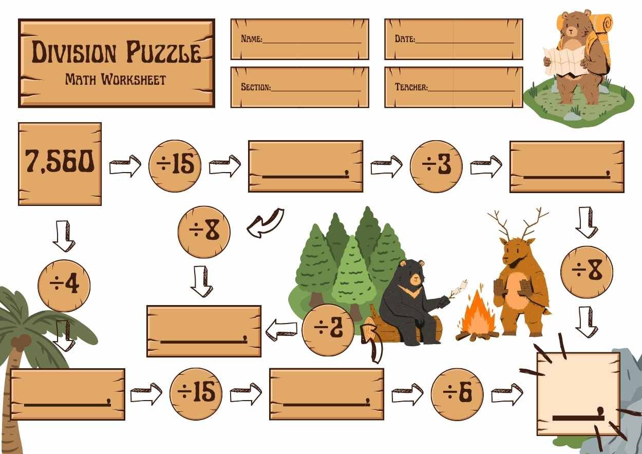 Illustrated Division Math Puzzle Worksheet - slide 1