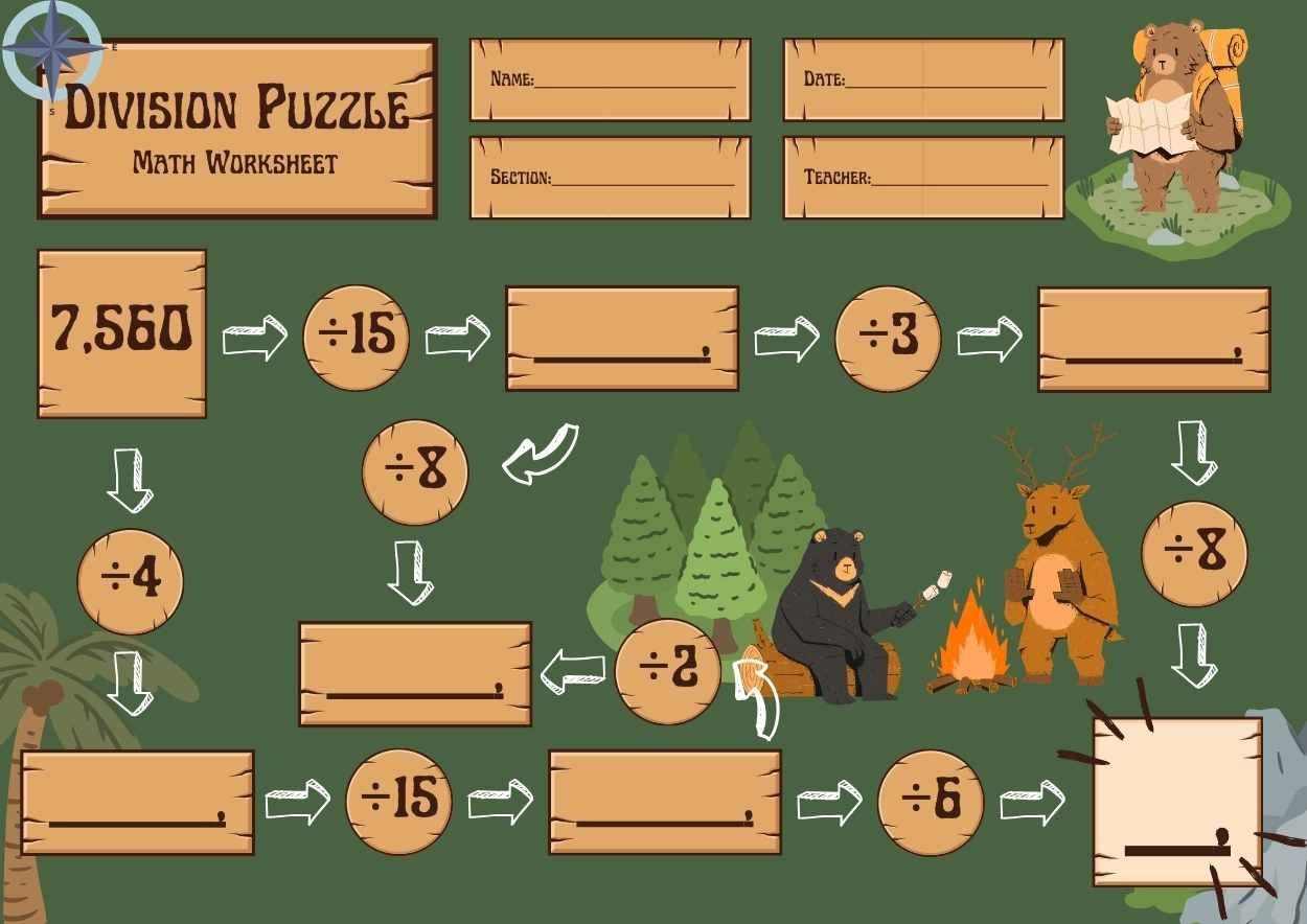 Illustrated Division Math Puzzle Worksheet - diapositiva 3