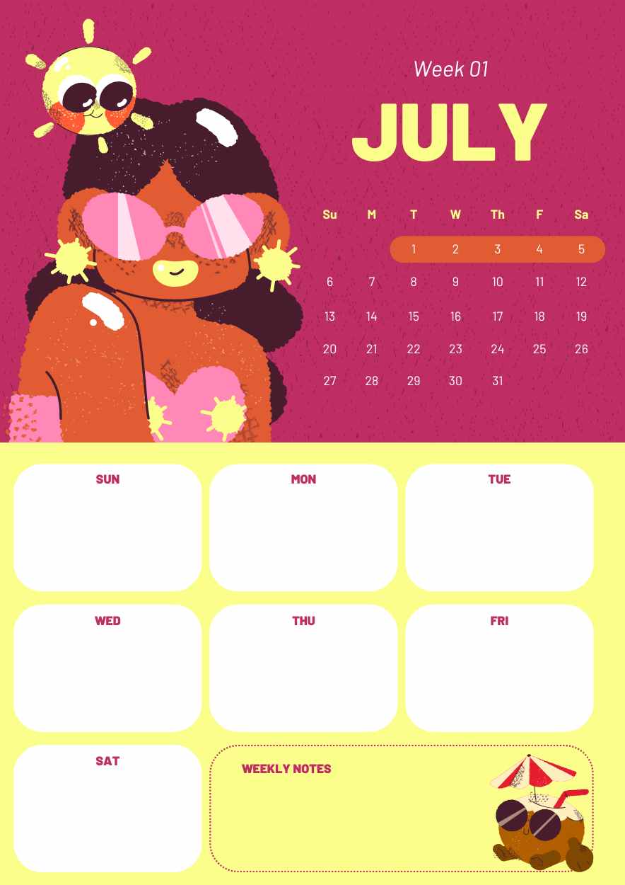 Illustrated July Calendar Planner - slide 1