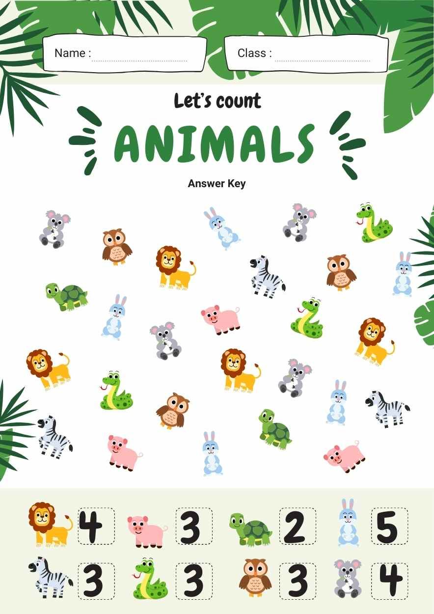 Illustrated Let's Count Animals Worksheet - slide 1