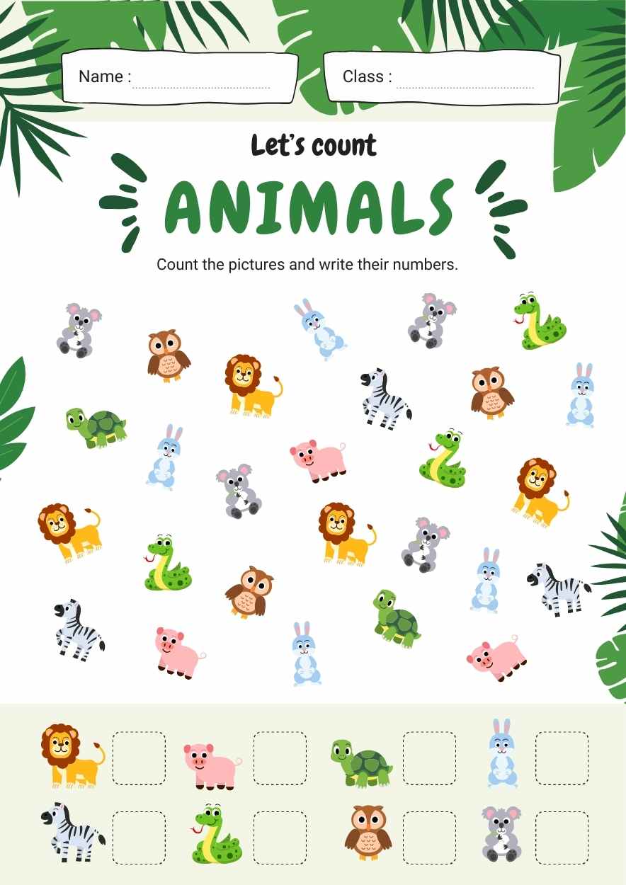 Illustrated Let’s Count Animals Worksheet - slide 1