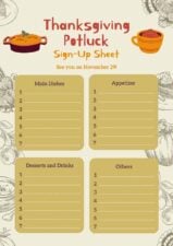 Illustrated Thanksgiving Potluck Sign-Up Sheets