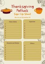 Illustrated Thanksgiving Potluck Sign-Up Sheets