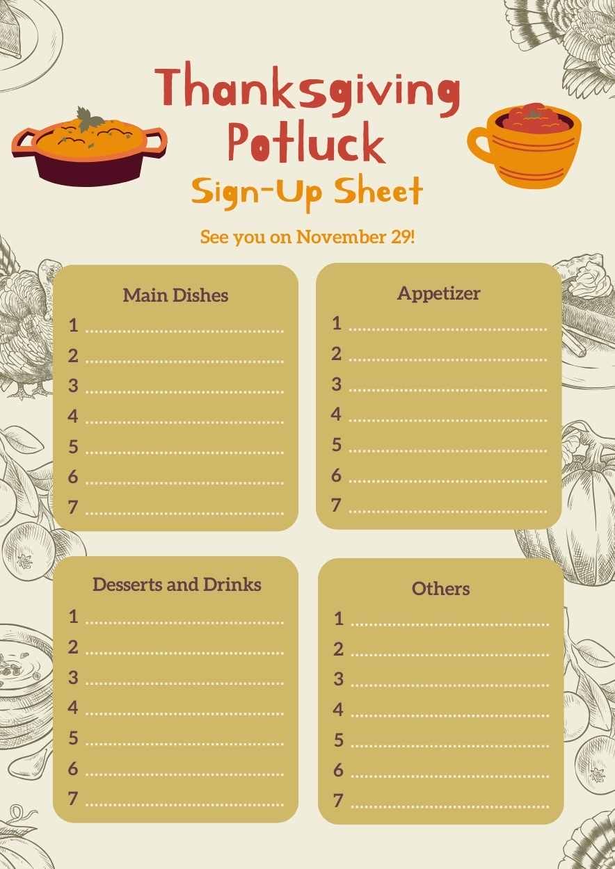 Illustrated Thanksgiving Potluck Sign-Up Sheets - slide 1