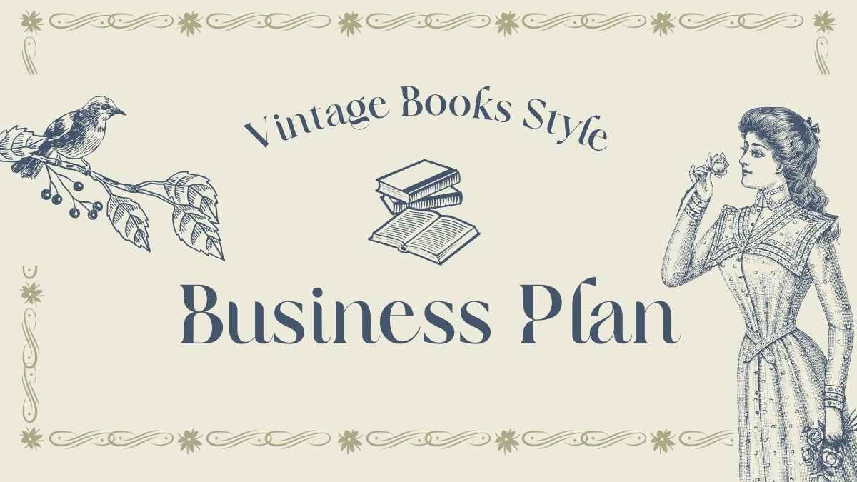 Ivory and Navy Vintage Books Style Business Plan Slides - slide 1