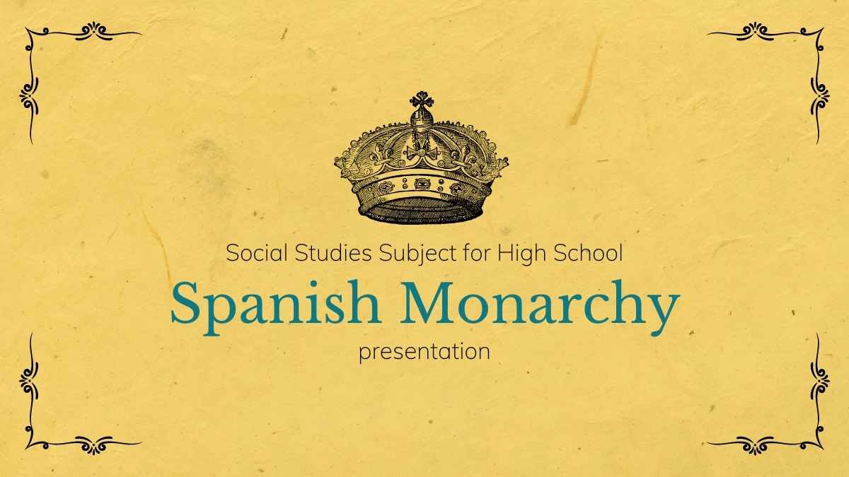 Materia de Estudios Sociales para Secundaria Monarquía Española Plantillas Educativas Vintage en Amarillo - diapositiva 1