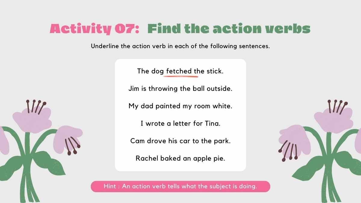 Slides de Atividades Verbais com Tema Floral Fofo - deslizar 15