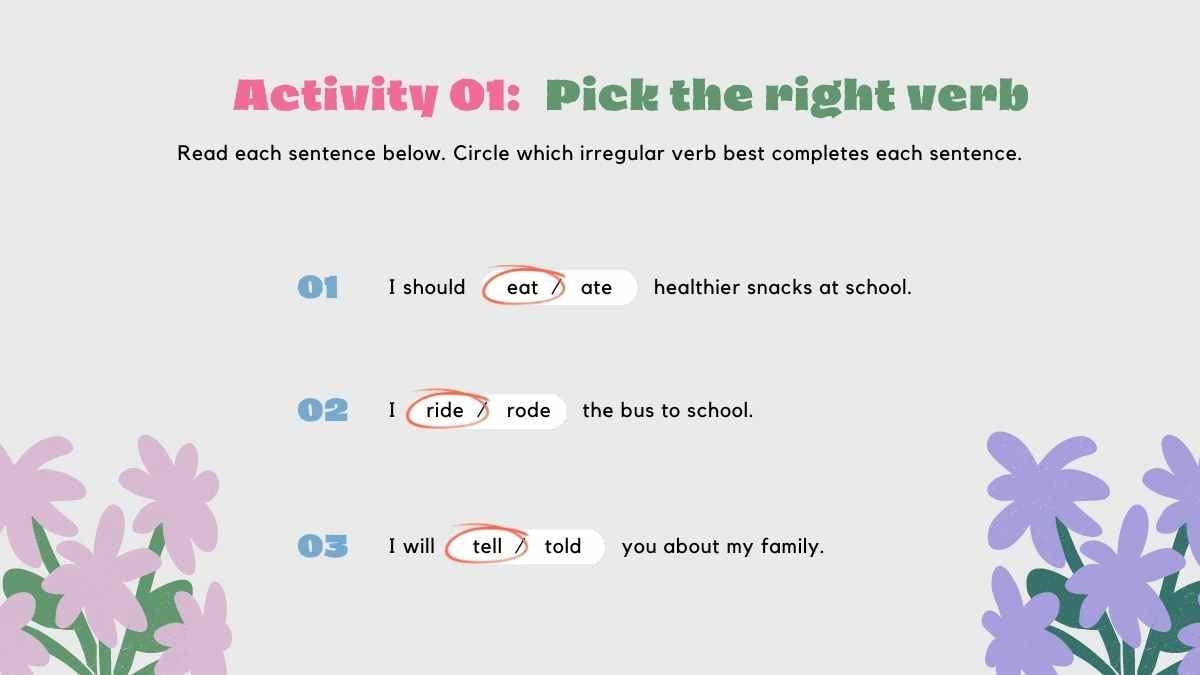 Slides de Atividades Verbais com Tema Floral Fofo - deslizar 4