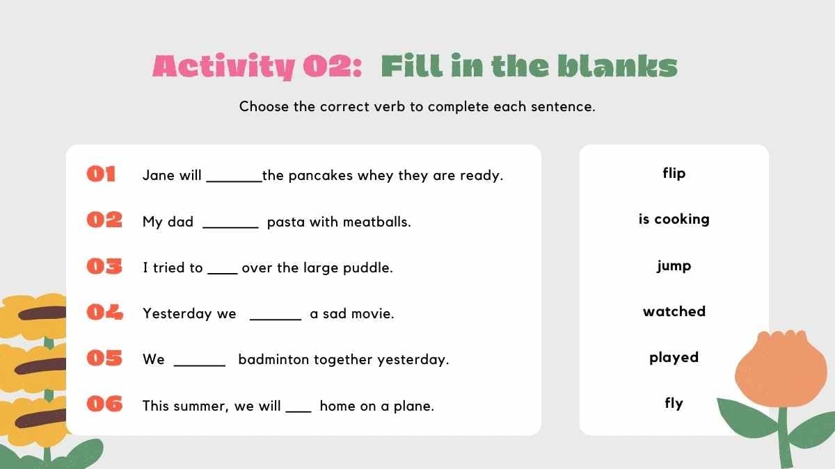 Cute Floral Verb Activities Quiz Slides - slide 6