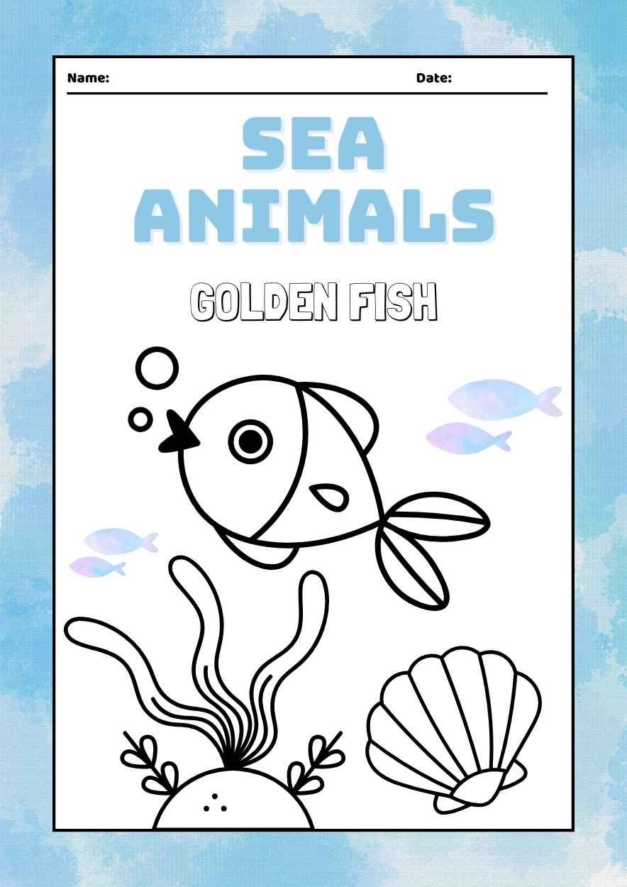 Watercolor Sea Animals Coloring Worksheet - slide 1